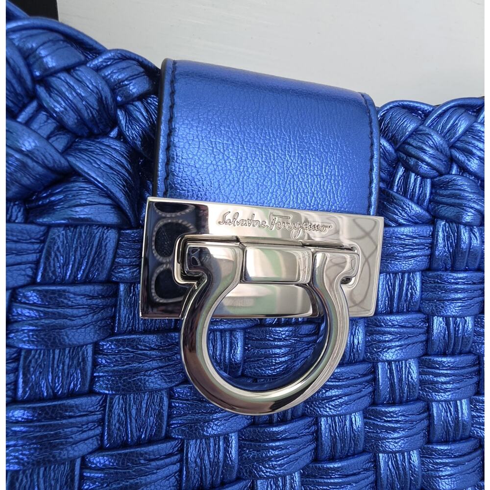 Salvatore Ferragamo Metallic Blue Leather Shoulder Bag Gancini Silver HW w/COA - Picture 2 of 11